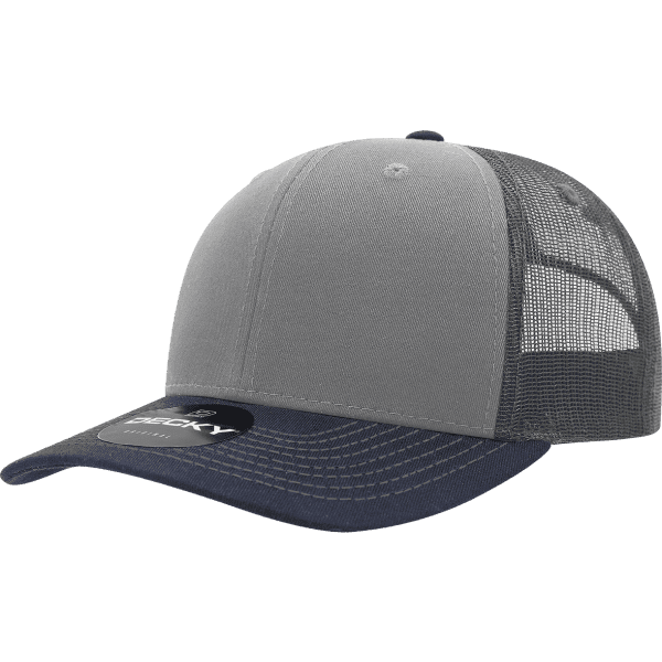 A grey and navy trucker cap with a mesh back and a logo on the front.