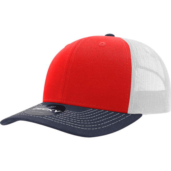 A red and navy trucker cap with a white mesh back and a logo on the front.