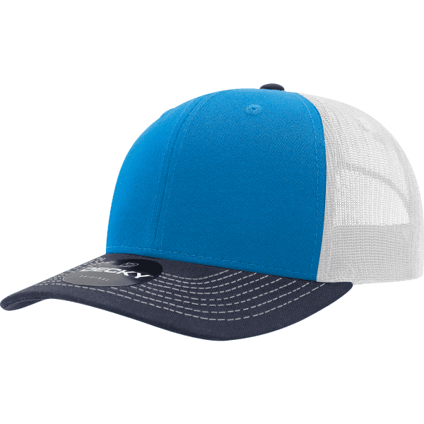 A blue and white trucker cap with a navy brim and a logo on the front.