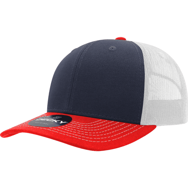 A navy and red trucker cap with a white mesh back and a logo on the front.