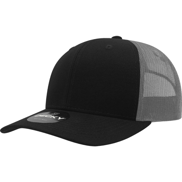 A black trucker cap with a grey mesh back and a logo on the front.
