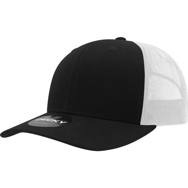 A black and white 6 panel mid pro cotton/poly blend trucker cap with a logo on the front.