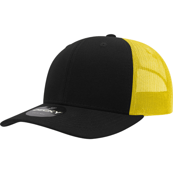 A black and yellow trucker cap made from cotton/poly blend, featuring a mesh back and a logo.