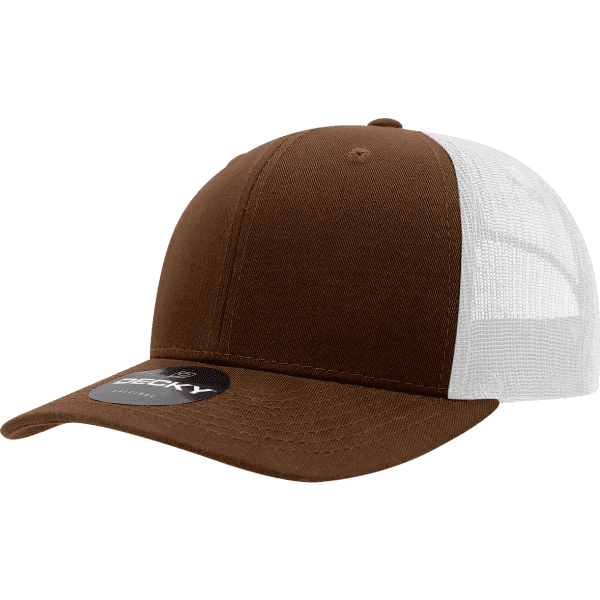 A brown and white trucker cap with a six-panel design and a logo on the front.