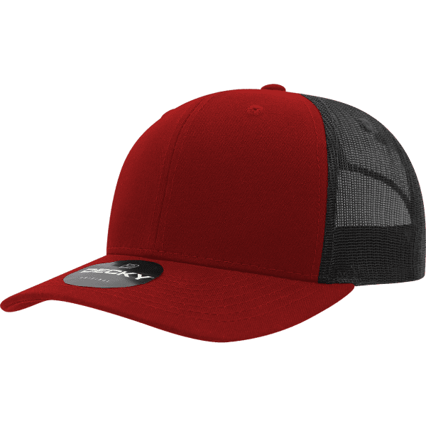 A red and black 6-panel mid-profile trucker cap with a mesh back and a logo on the front.