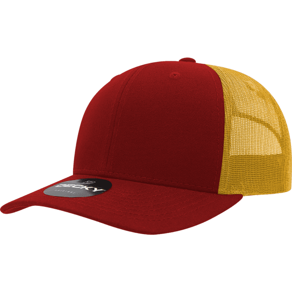 A red and yellow 6 Panel Mid Profile Structured Trucker cap with a mesh backing and a logo on the front.