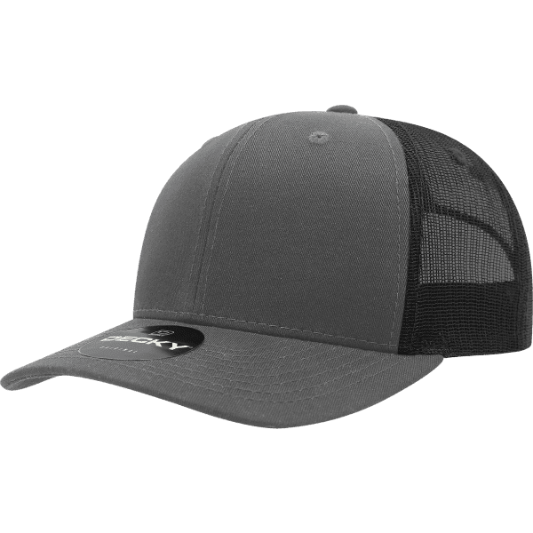A grey 6 panel mid-profile structured trucker cap with a mesh back and a logo on the front.