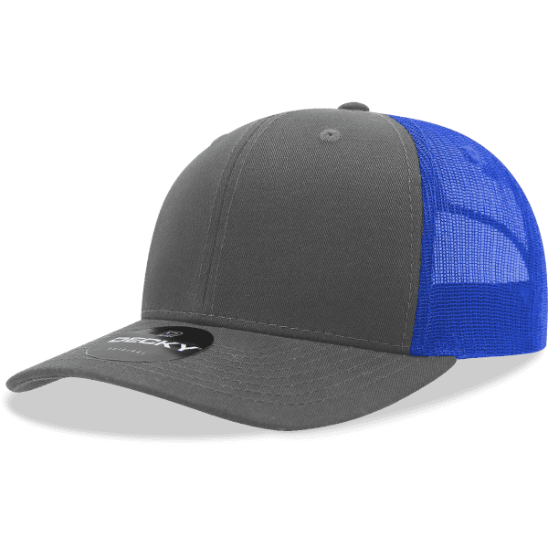 A grey cap with a blue mesh back, featuring a circular logo on the front.