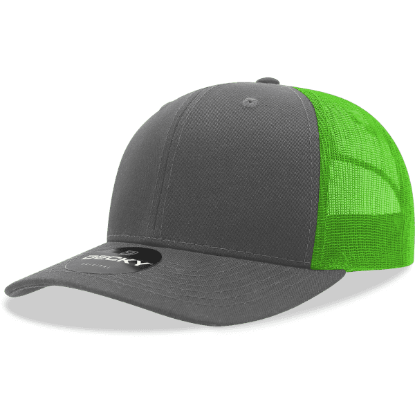 A grey cap with a green mesh back and a branded logo on the front.