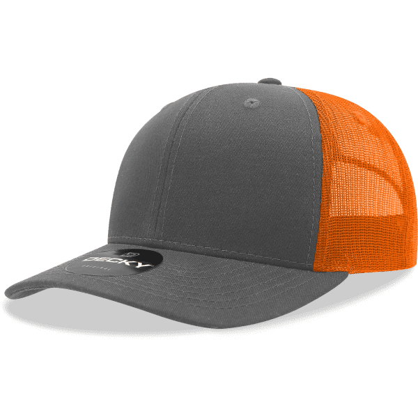 A grey trucker cap with an orange mesh back and a logo on the front.