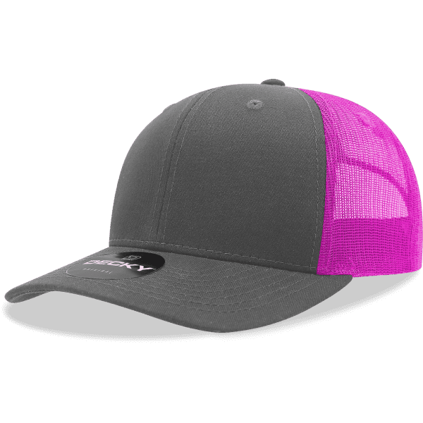 A grey trucker cap with a pink mesh back and a logo on the front.