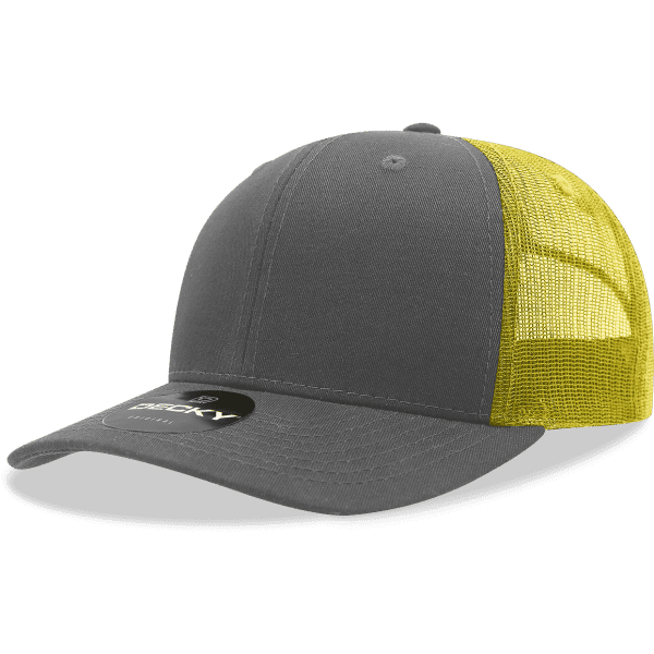 A grey trucker cap with a yellow mesh back and a logo on the front.