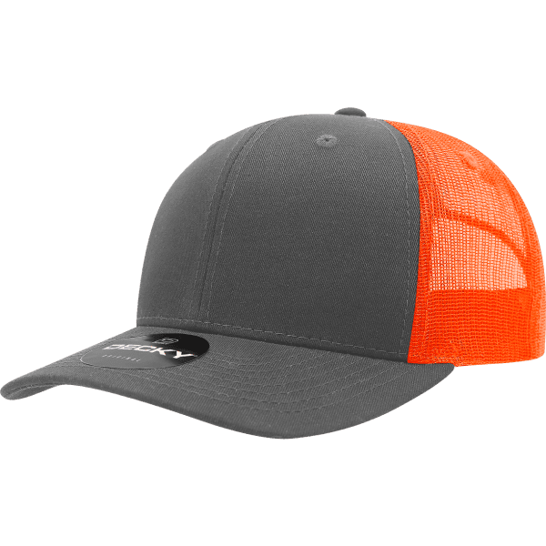 A grey trucker cap with an orange mesh back and a logo on the front.