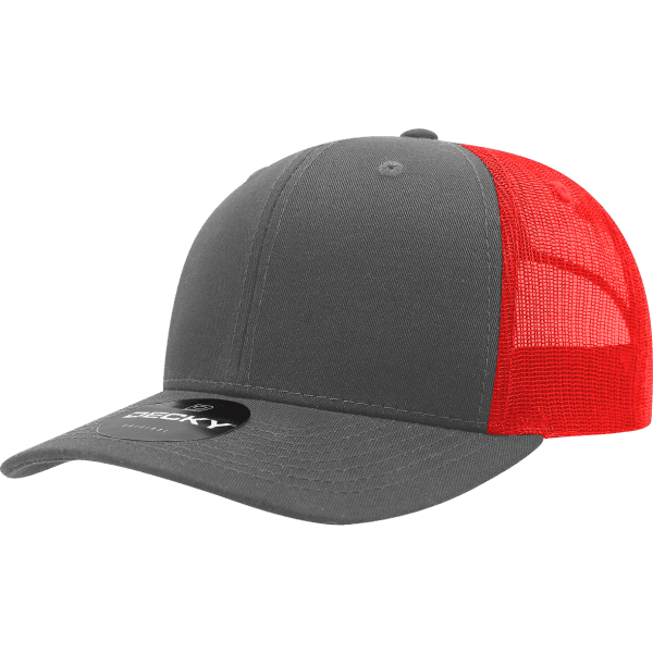 A grey cap with a red mesh back and a logo on the front. It features a six-panel design.