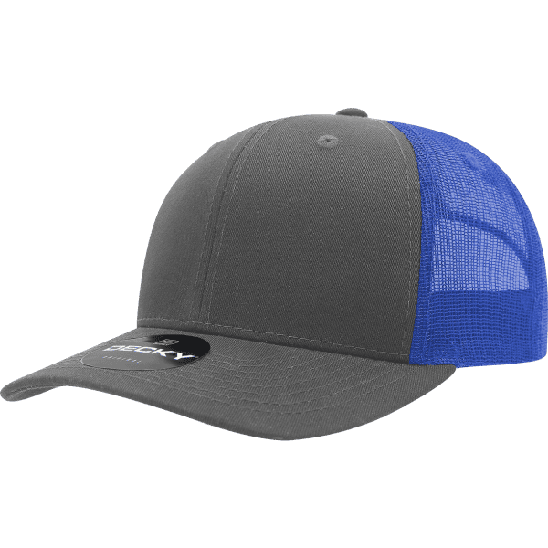 A grey trucker cap with a blue mesh back and a logo on the front.