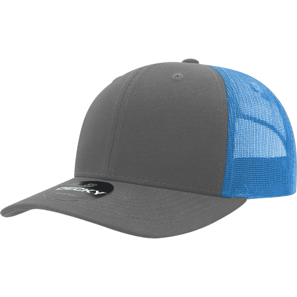 A grey trucker cap with a blue mesh back and a logo on the front.