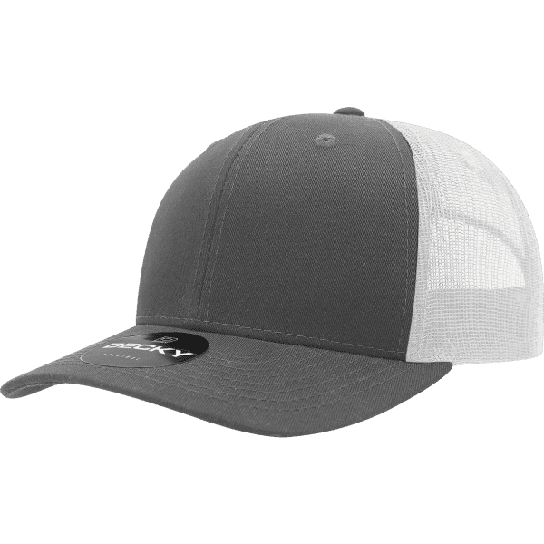 A grey trucker cap with a cotton/poly blend and a mesh back, featuring a logo.