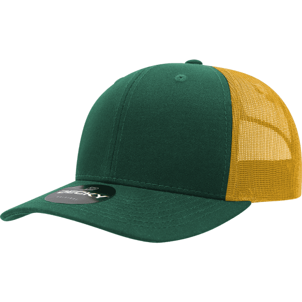A green and yellow 6-panel mid-profile structured trucker cap with a mesh back and a logo.