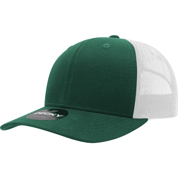 A green trucker cap with a white mesh back and a logo on the front.