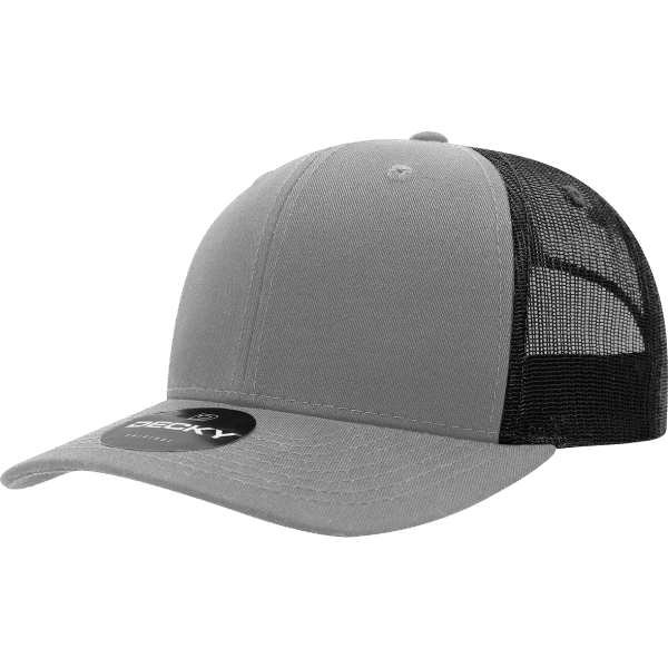 A grey six-panel mid-profile structured trucker cap with a black mesh back and an attached logo.