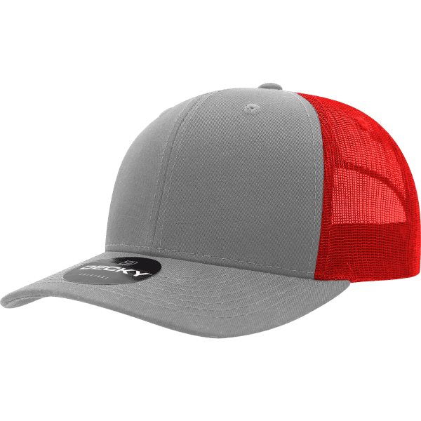 A grey and red 6 panel mid profile structured trucker cap featuring a mesh back and a logo.