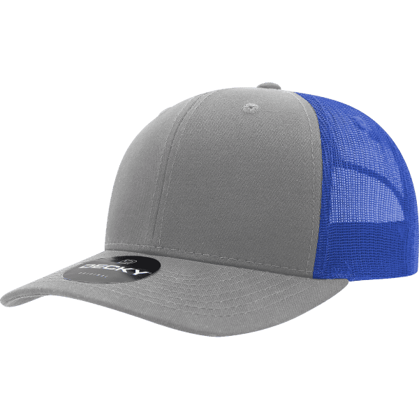 A grey and blue 6-panel mid-profile structured trucker hat with a mesh back and a logo.