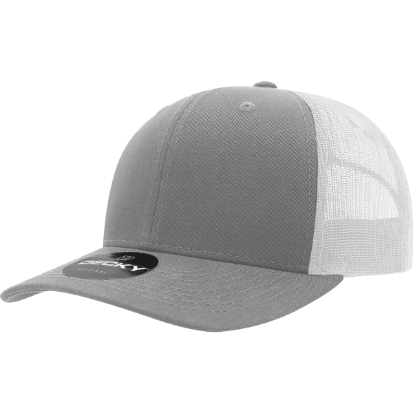 A grey cotton/poly blend trucker cap with a white mesh back and a logo on the front.