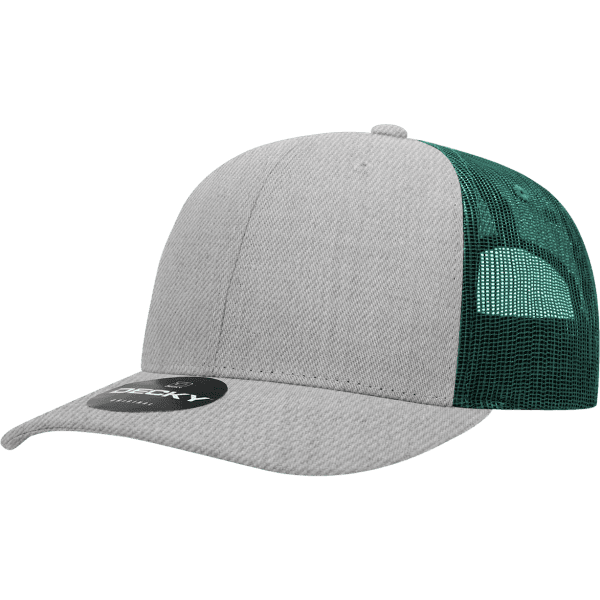 A grey trucker cap with a green mesh back and a rounded crown, featuring a logo on the front.
