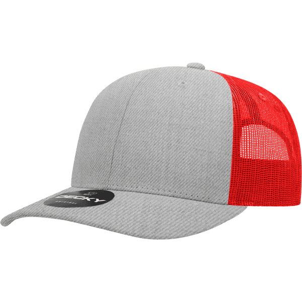A grey and red trucker cap with a mesh back and a circular logo on the front.