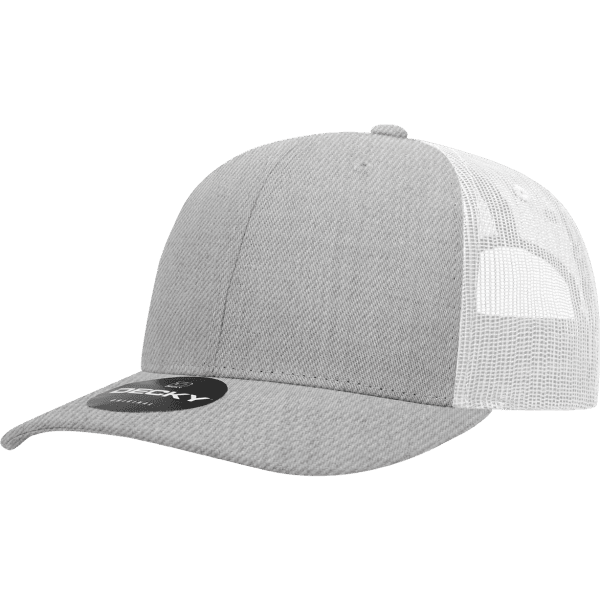 A grey trucker cap with a cotton/poly blend, featuring a mesh back and a logo on the front.