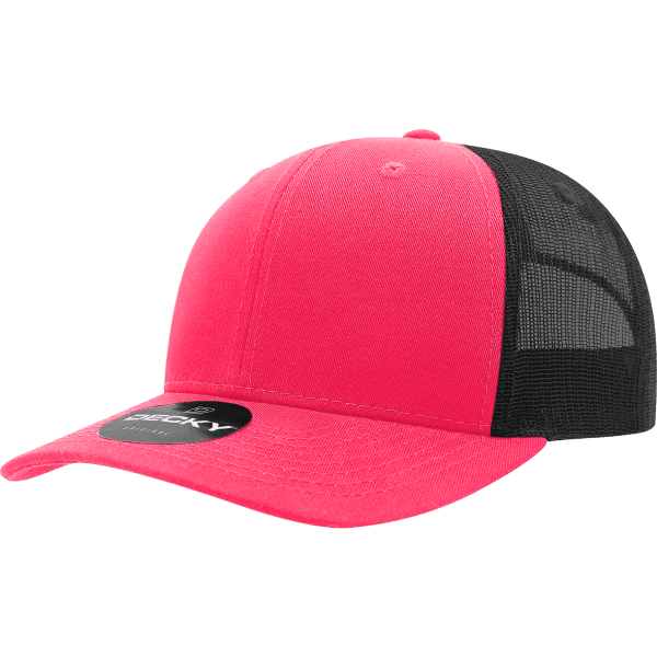 A bright pink trucker cap with a black mesh back and a logo on the front.