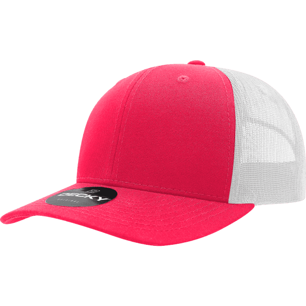 A red and white trucker cap with a six-panel design and a branded logo on the front.