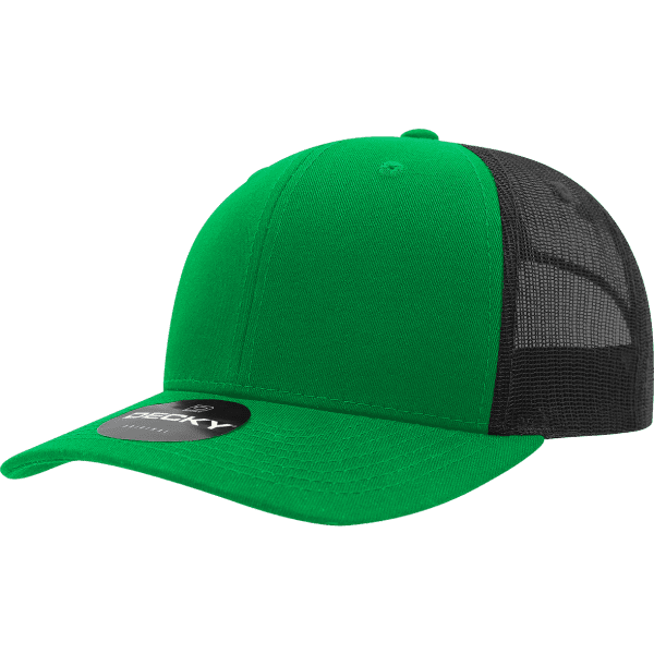 A green and black trucker cap with a mesh back and a logo on the front.