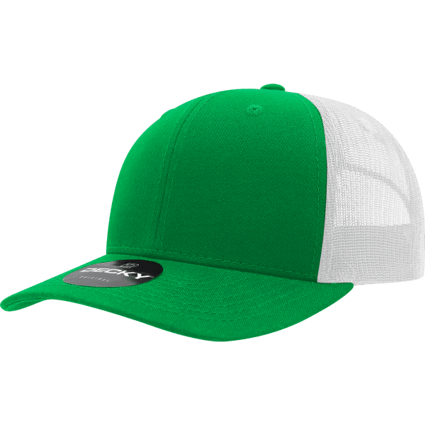 A green trucker cap with a white mesh back and a logo on the front.