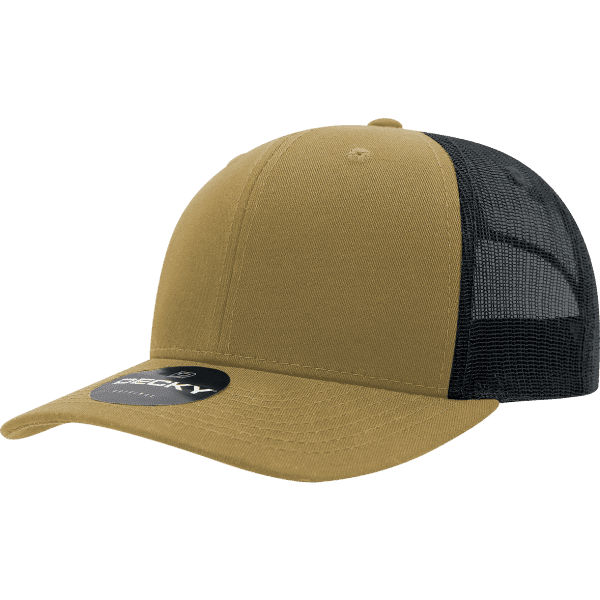 A structured trucker cap in olive green with a black mesh back and a logo on the front.
