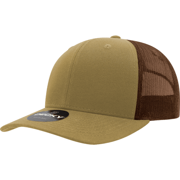 A khaki cap with a brown mesh back and a branded logo on the front.