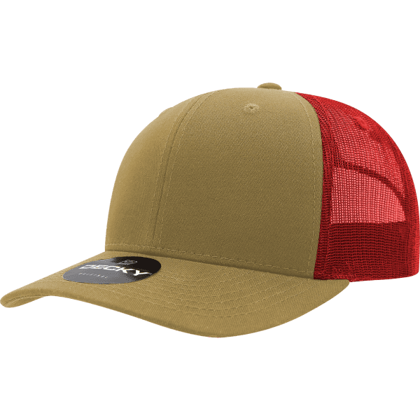 A khaki and red trucker cap featuring a mesh back and a logo on the front.
