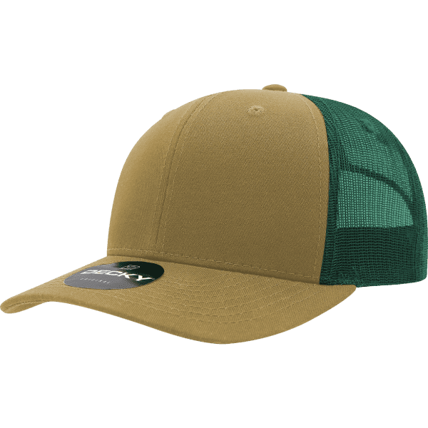 A khaki and green trucker cap with a mesh back and a branded logo on the front.