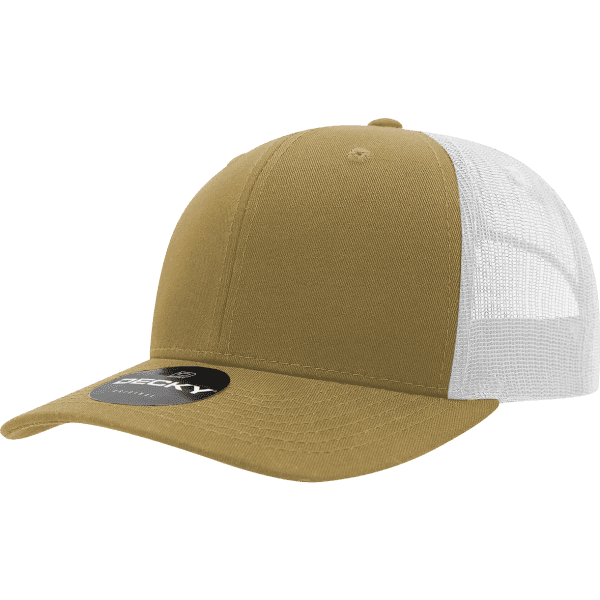A khaki and white trucker cap featuring a mesh back and a logo on the front.