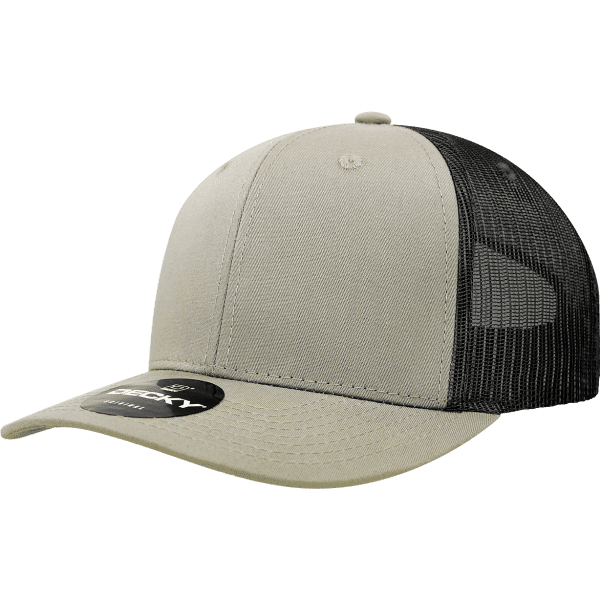 A grey and black trucker cap featuring a solid front panel and mesh back, with a logo on the side.