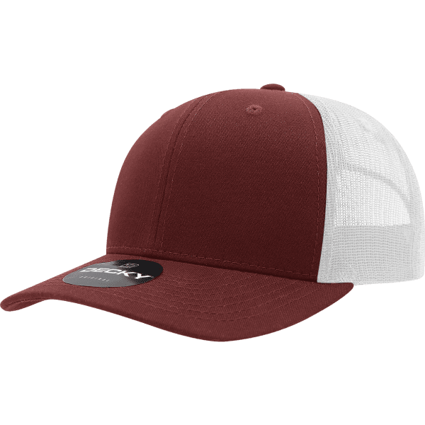 A burgundy and white trucker cap with a mesh back and a circular logo.