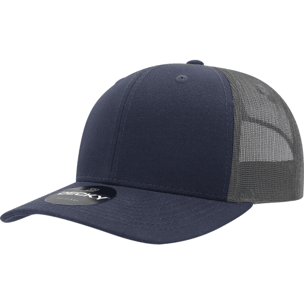 A navy blue trucker cap with a cotton/poly blend, featuring a mesh back and a logo on the front.