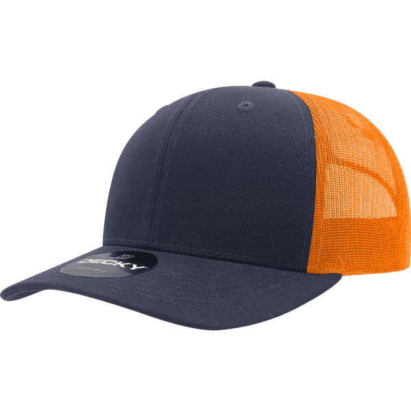 A navy blue and orange trucker cap featuring a logo on the front and mesh detailing on the back.