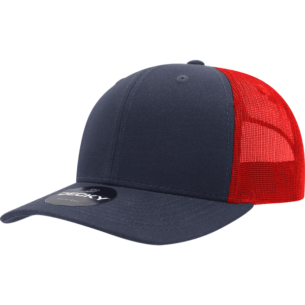 A structured trucker cap featuring a navy blue front and a red mesh back, with a logo on the front.