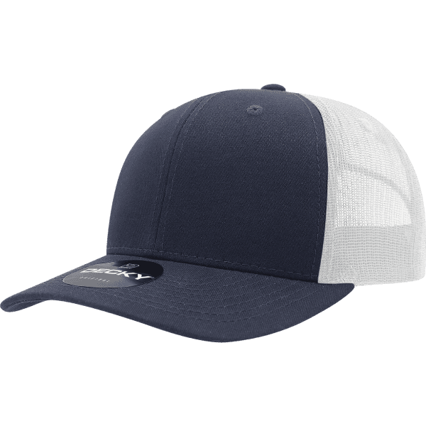 A navy blue trucker cap with a structured design and a white mesh back, featuring a logo on the front.