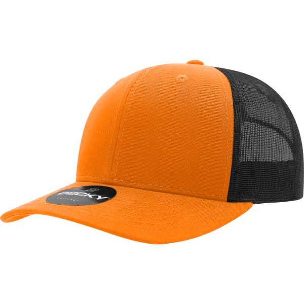 An orange and black trucker cap with a mesh back and a logo on the front.
