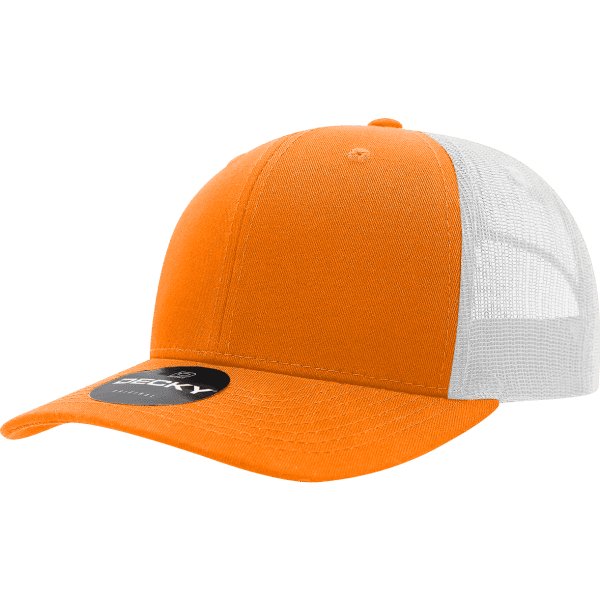 An orange and white trucker cap featuring a logo on the front and a mesh back.