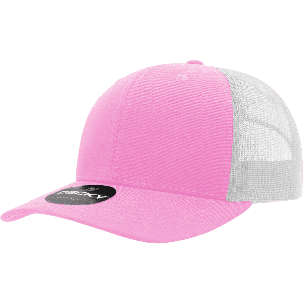 A pink trucker cap with a white mesh back and a logo on the front.