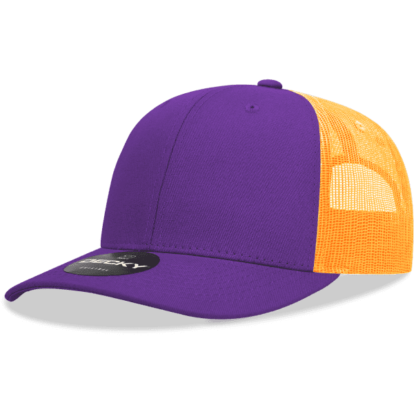 A purple trucker cap with an orange mesh back and a structured mid-profile design. It features a logo on the front.