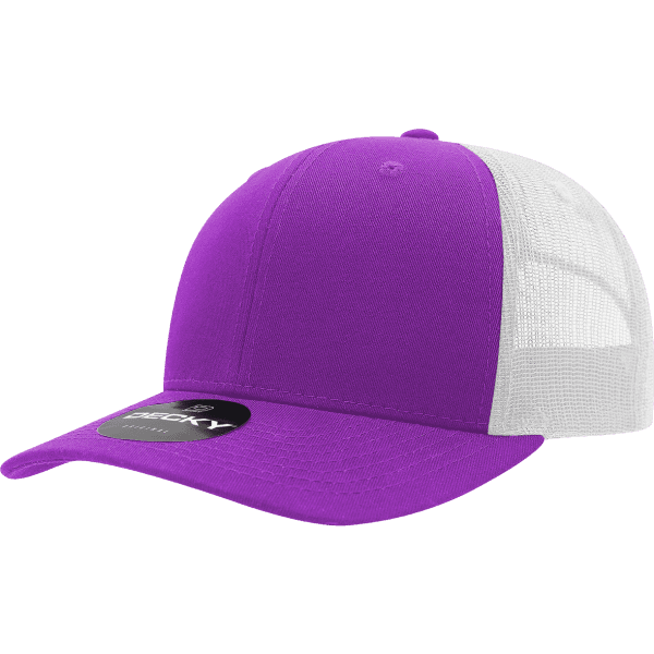 A purple and white trucker cap featuring a logo, crafted from a cotton/poly blend.